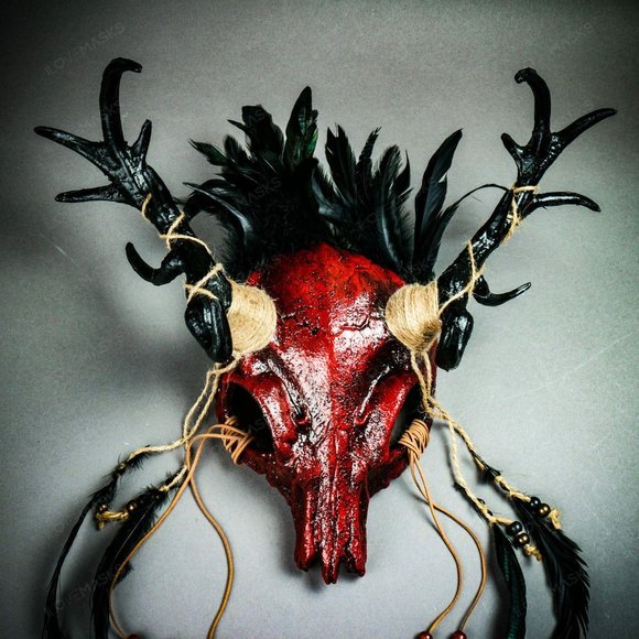 Dark Red Antelope Devil Deer Horn Skull Masquerade - Picture 1 of 10